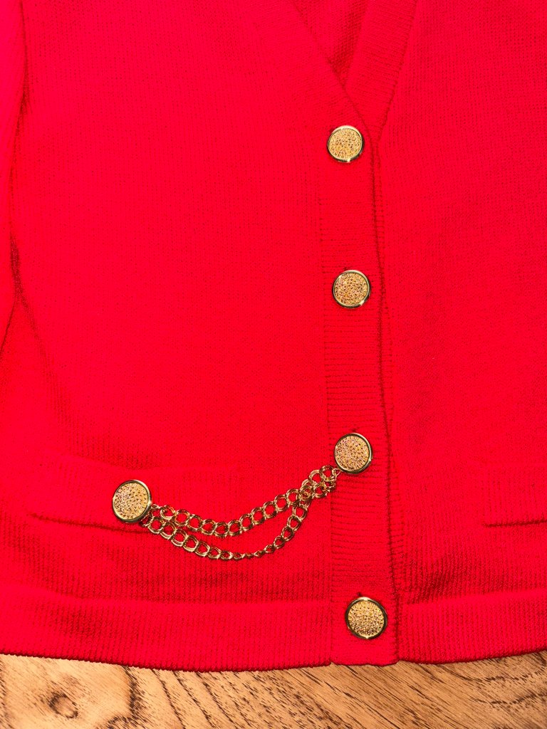 Vtg St John Marie Gray Santana Knit Red Jacket & Pants Suit Gold Buttons Size 6 — image 3 of 6